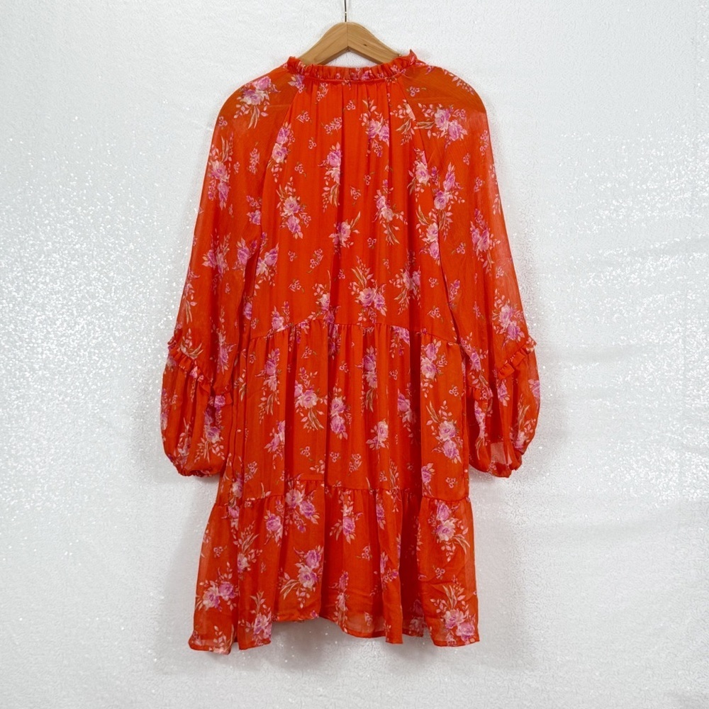 Floral Orange V-Neck Feminine Long Sleeve Midi Dress Wedding Guest Large - Picture 12 of 15